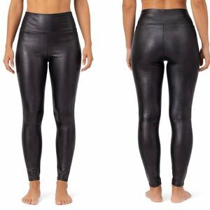 Spanx Faux Leather Leggings Black High Rise Petite Medium Coated Skinny Shaping